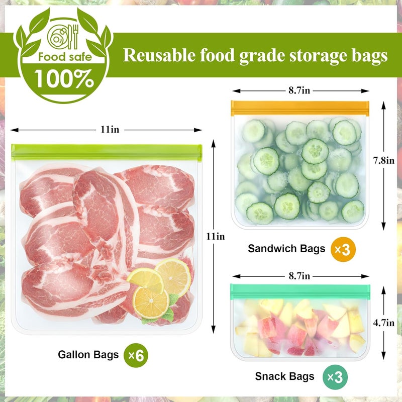 TROUSKAIG 12 Pack Food Storage Containers Silicone Bags-6 Gallon Freezer 3 Sandwich 3 Reusable Snack Bags, Leakproof Silicone Bags for Fruit Storage - Image 2